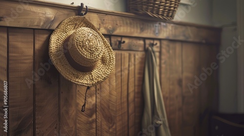 Straw hat in an Amish style draped on a hook in a mudroom of a colonial era home replica photo