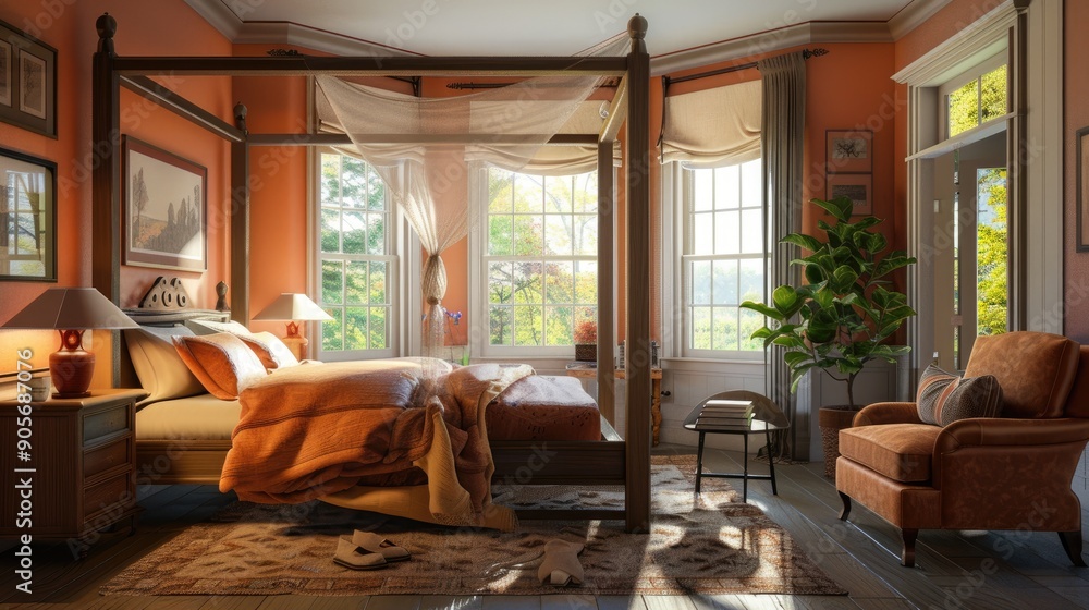 A cozy suburban bedroom with a canopy bed, a cozy armchair, and a large bay window. A cozy suburban bedroom with a canopy bed, a cozy armchair, and a large bay window.
