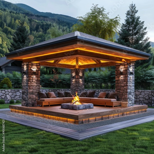 Simple and Elegant Wooden Patio with Open Roof Design, Stone Walls as Seating Areas, Offering a Cozy Spot for Family to Enjoy a Bonfire Together.