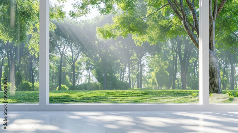 Minimal empty white room. daytime, View over a blurred green park.