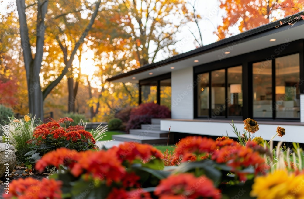 Modern Home Surrounded by Autumn Gardens at Sunset Modern Home Surrounded by Autumn Gardens at Sunset