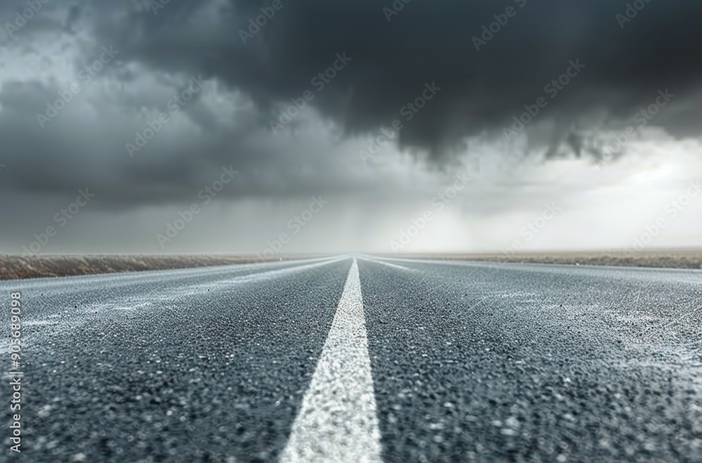 Fototapeta premium Lonely Rainy Road Under Dark Clouds in a Mountainous Landscape