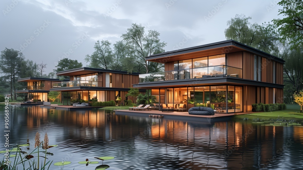 Modern Waterfront Villas Surrounded By Lush Greenery At Dusk Reflecting In Calm Waters Modern Waterfront Villas Surrounded By Lush Greenery At Dusk Reflecting In Calm Waters