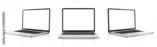 Laptop blank screen mockup. Realistic laptop in different positions with reflection.
