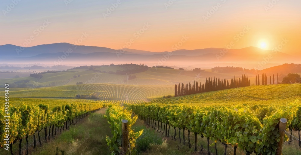 Fototapeta premium Sunrise Over Lush Vineyard Hills in Tuscany, Italy