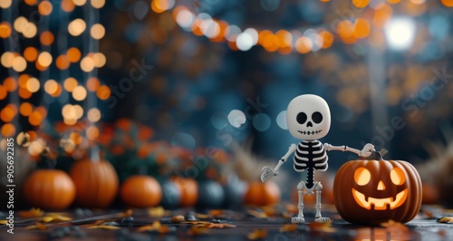 Festive Skeleton Holding Jack-O'-Lantern Among Halloween Decorations at Night