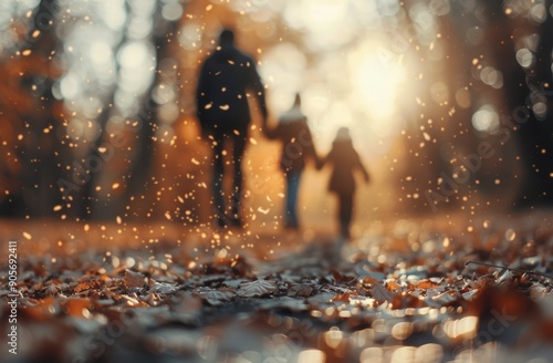 Family Walking Through Autumn Leaves in a Sunlit Park During Golden Hour