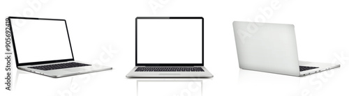 Laptop computer with white screen, front and rear view with reflection