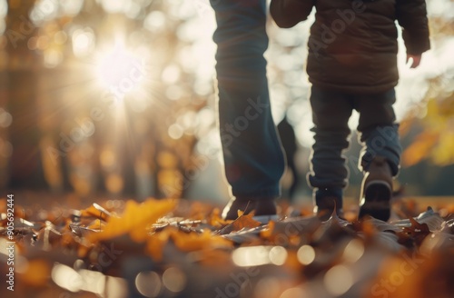 Walking Together Among Autumn Leaves in a Sunlit Park