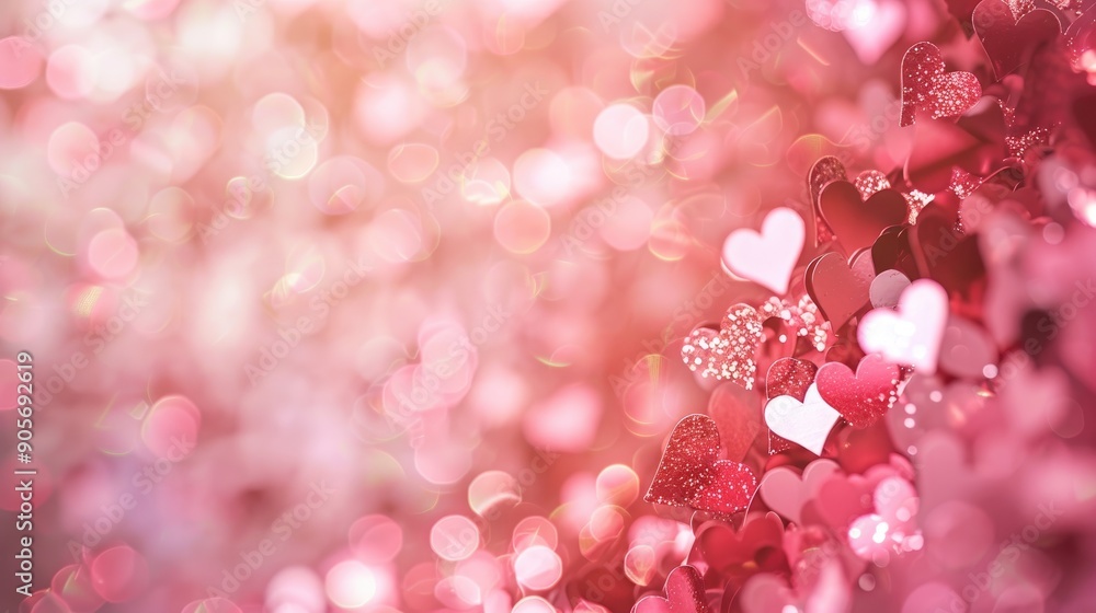 Blurred bokeh Valentine s Day sequins on light pink background with text space Concept of Love Blurred bokeh Valentine s Day sequins on light pink background with text space Concept of Love