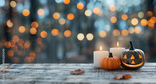 Cozy Autumn Decor With Pumpkin and Candle on Wooden Table Amidst Colorful Leaves