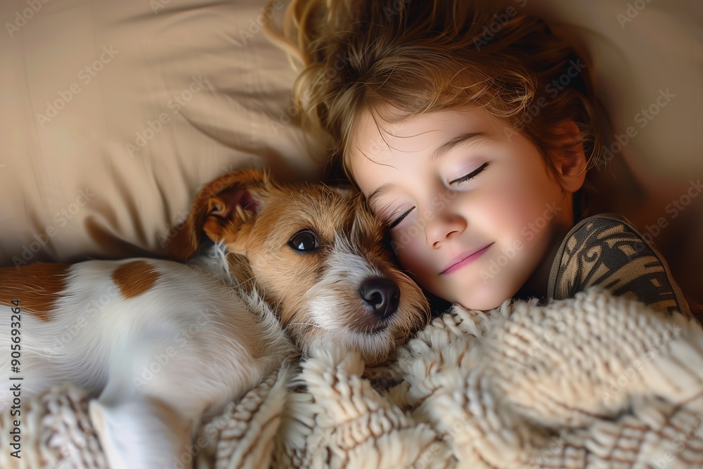 Sweet curly girl and dog sleeping at night Sweet curly girl and dog sleeping at night