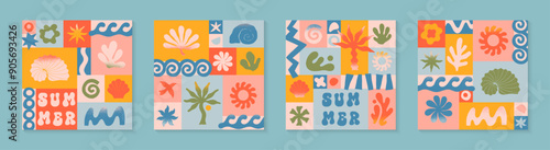 Vector summer illustrations with nature organic shapes,doodles.Groovy boho palm,beach,surf,waves,sun,seashells graphic symbols and elements.Summer vacation backgrounds in simple funny style.