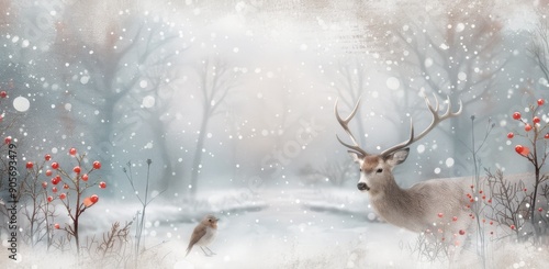 Majestic Deer Standing Amidst Snowy Landscape With Red Berries at Dawn