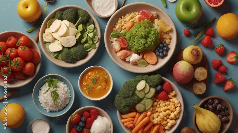 Diverse Healthy Cuisine Spread Across Table. Aerial Shot Diverse Healthy Cuisine Spread Across Table. Aerial Shot