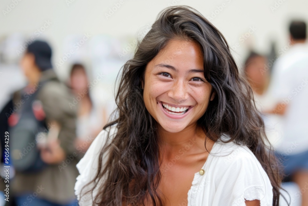 Cheerful Smiling Woman with Long Hair and White Shirt at Outdoor Event Cheerful Smiling Woman with Long Hair and White Shirt at Outdoor Event
