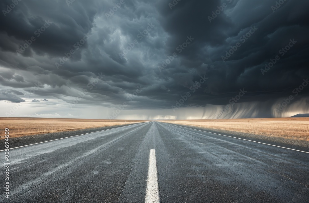 Lonely Highway Under Dark Clouds in an Open Landscape Lonely Highway Under Dark Clouds in an Open Landscape