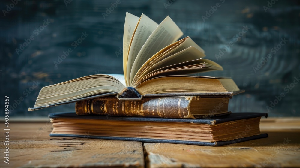 Fototapeta premium Stack of hardcover books on table with open book back to school concept