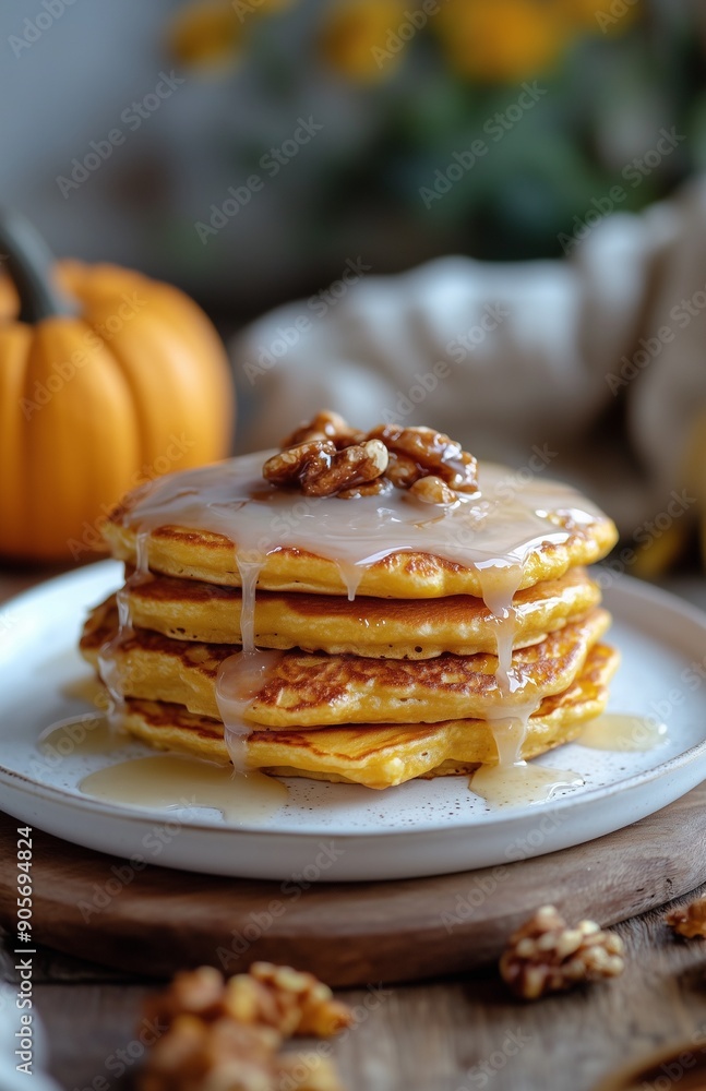 Pumpkin Cogsleys glazed pancakes arranged on a white plate with a drizzle of sweet syrup Pumpkin Cogsleys glazed pancakes arranged on a white plate with a drizzle of sweet syrup