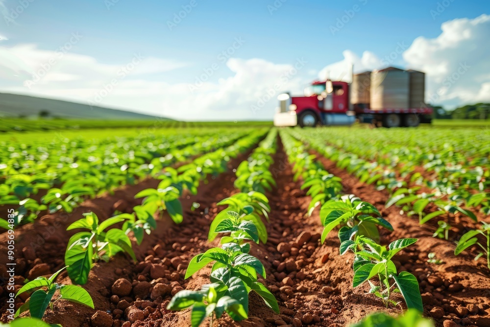 Obraz premium Agriculture Semi Truck in Brazil. Baby Bean Plantation with Unfocused Silos