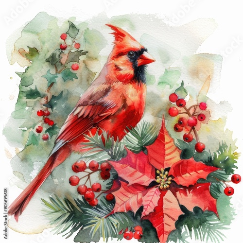 Cardinal Christmas. Watercolor Card with Cardinal Bird and Poinsettia Flower for Holiday Decoration
