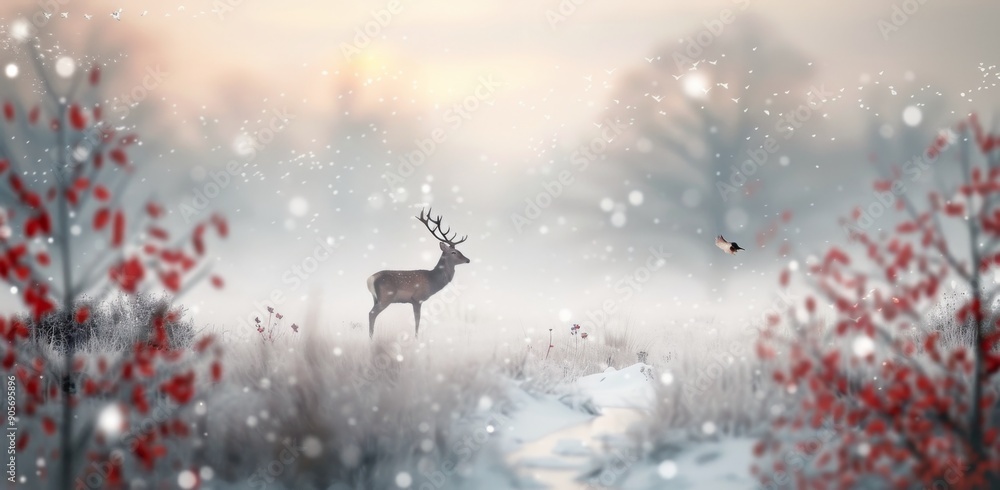 Majestic Deer Standing Amidst Snowy Landscape With Red Berries at Dawn Majestic Deer Standing Amidst Snowy Landscape With Red Berries at Dawn