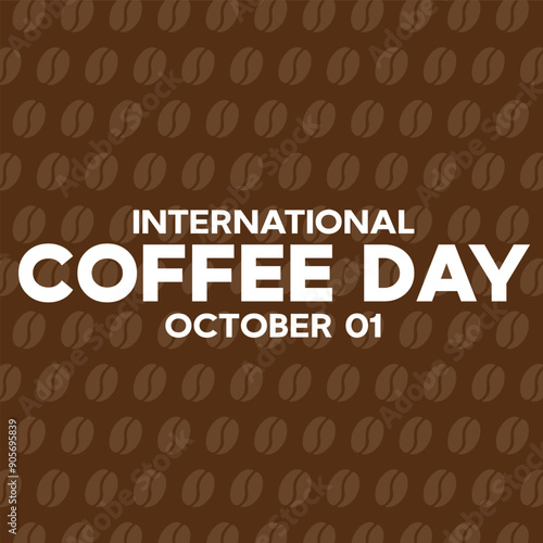 "International Coffee Day" banner design with beans repeating pattern isolated on a brown background. Coffee Day vector Illustration.