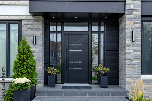 Modern Black Front Door With Long Handle and Glass