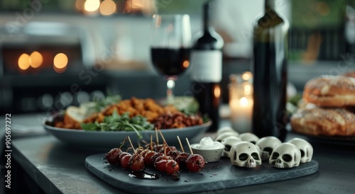 Elegant Autumn Dinner Table Setting With Wine and Decorated Pumpkins
