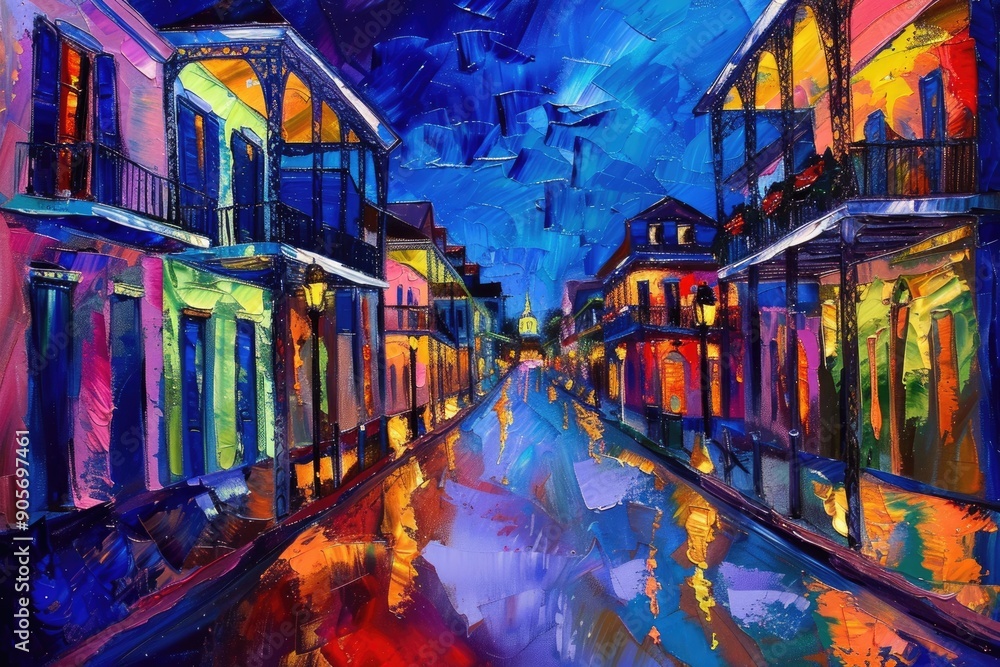 Fototapeta premium Bourbon Art. Fauvism Canvas Print Depicting Night Street in Old City