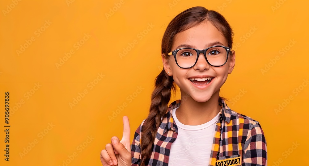 Back-To-School Sales. Joyful Schoolgirl Pointing Thumb At Empty Space For Text. Yellow Background, Panorama Back-To-School Sales. Joyful Schoolgirl Pointing Thumb At Empty Space For Text. Yellow Background, Panorama