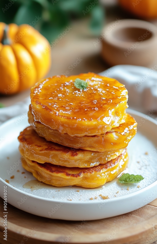 Pumpkin Cogsleys glazed pancakes arranged on a white plate with a drizzle of sweet syrup Pumpkin Cogsleys glazed pancakes arranged on a white plate with a drizzle of sweet syrup