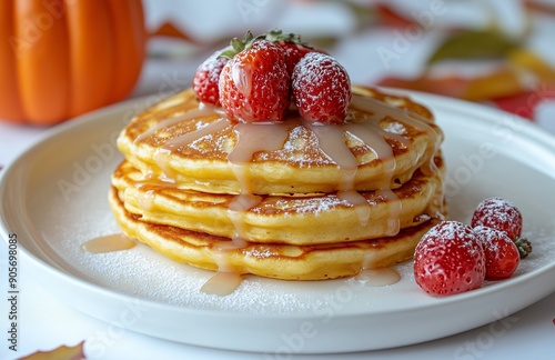 Pumpkin Cogsleys glazed pancakes arranged on a white plate with a drizzle of sweet syrup photo