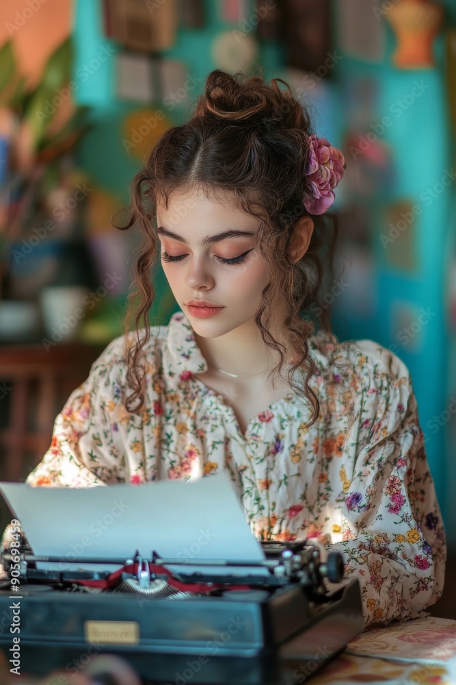 A young female poet writing poetry on a typewriter. A young female poet writing poetry on a typewriter.