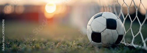 Soccer Ball Reaches Goal Net During Sunset at Outdoor Field