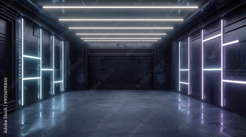 Obraz premium Dark concrete garage with lines of led light, abstract futuristic modern hall interior, perspective of urban construction background. Concept of room, building, warehouse