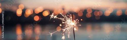 Sparkler Glowing Bright Against Sunset Over Water