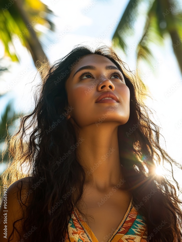 A Pacific Islander woman with long dark wavy hair, beach background with palm trees. A Pacific Islander woman with long dark wavy hair, beach background with palm trees.