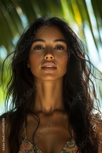 A Pacific Islander woman with long dark wavy hair, beach background with palm trees.