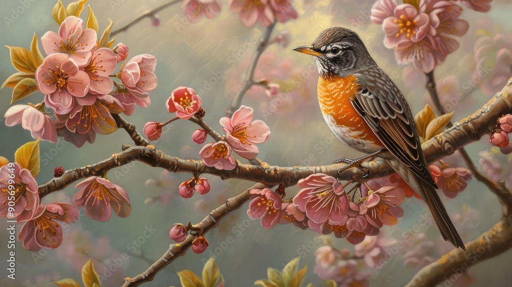 Minnesota Spring: American Robin, North American Songbird, Perched in Crabapple Tree Minnesota Spring: American Robin, North American Songbird, Perched in Crabapple Tree