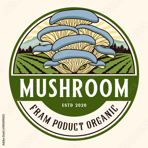 vintage mushroom emblem logo with line art. for mushroom processing, cultivation and business.