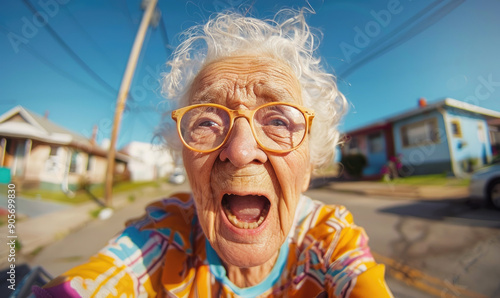Angry 70-Year-Old Woman with Textured Face and 'Karen' Haircut Yelling at Camera on Neighborhood Street