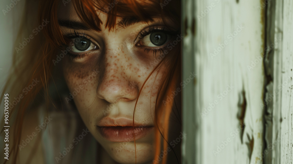 Intense woman with red hair peering through an old door. Intense woman with red hair peering through an old door.