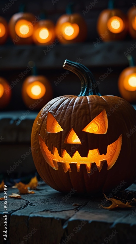 Fototapeta premium Toothy Grin and Glowing Eyes: Jack O' Lantern Close-Up for Halloween Design Inspiration