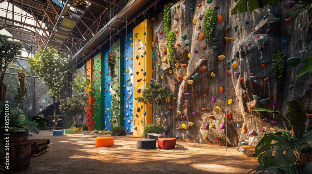 Fototapeta premium An adventure-themed office with rock climbing walls, rope courses, and obstacle challenges.