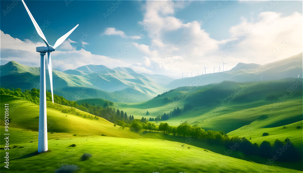 A wind turbine standing in a green spring steppe, with forested mountains visible in the background A wind turbine standing in a green spring steppe, with forested mountains visible in the background