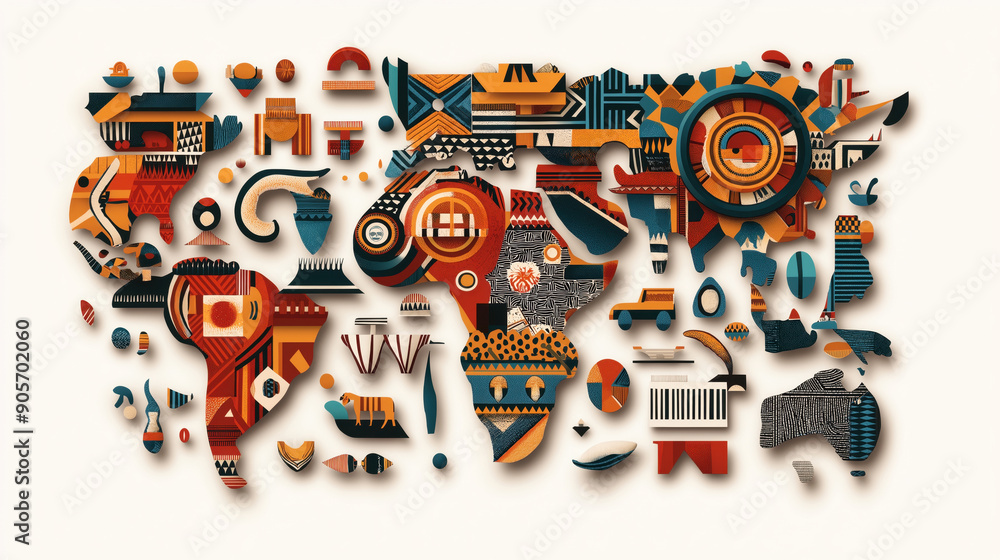 Fototapeta premium Abstract illustration of the world map made up of colorful geometric shapes and ethnic patterns.