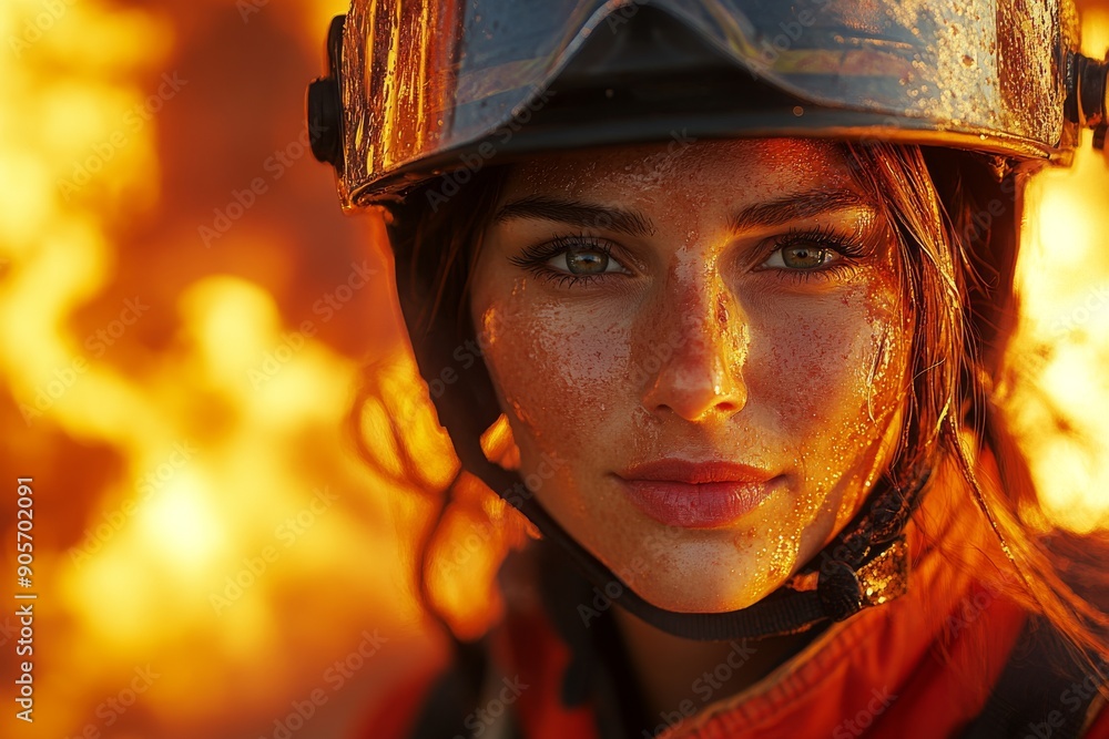 A female firefighter extinguishes a fire. A female firefighter extinguishes a fire.