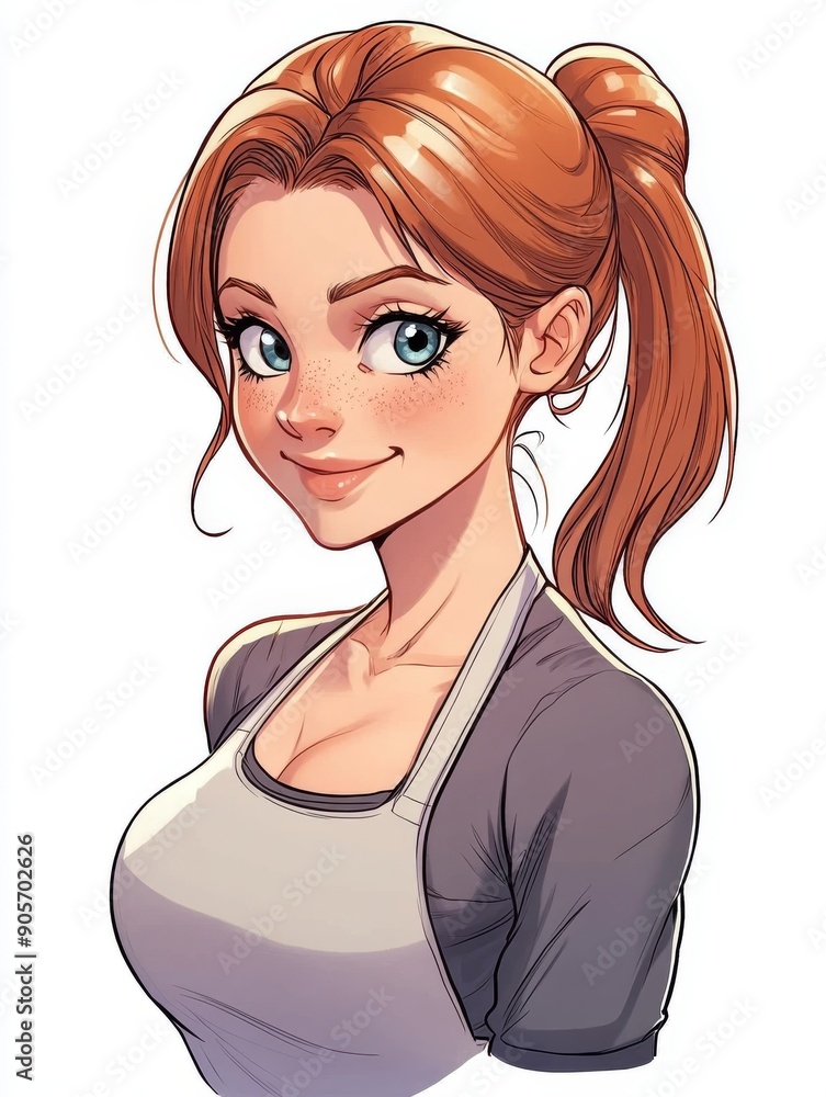 Redhead woman wearing store manager apron uniform. Redhead woman wearing store manager apron uniform.