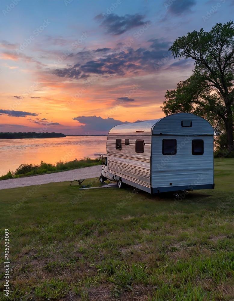 Travel trailer camping at sunset by the Mississippi river in Illinois at sunset panorama Travel trailer camping at sunset by the Mississippi river in Illinois at sunset panorama